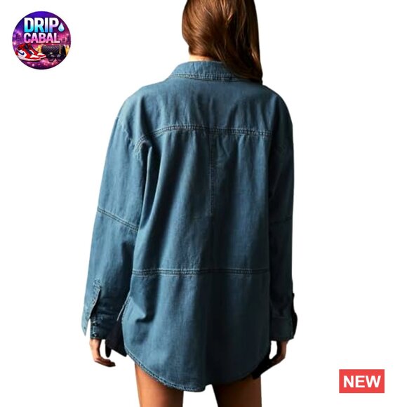 Denim Pullover Blouse Loose Fit Long Sleeve V Neck Button Casual Chic - Picture 2 of 7